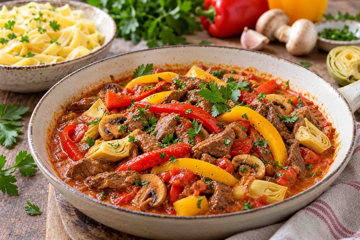 Rindergeschnetzelte mit Paprikagemüse in Tomatensauce 