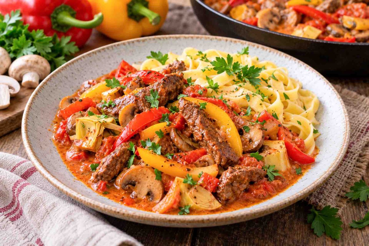 Zartes Rindergeschnetzeltes mit Paprika, Champignons in Tomatensauce und Bandnudeln 