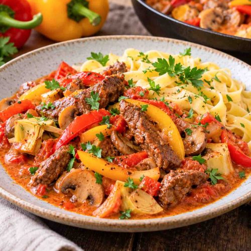 Zartes Rindergeschnetzeltes mit Paprika, Champignons in Tomatensauce und Bandnudeln