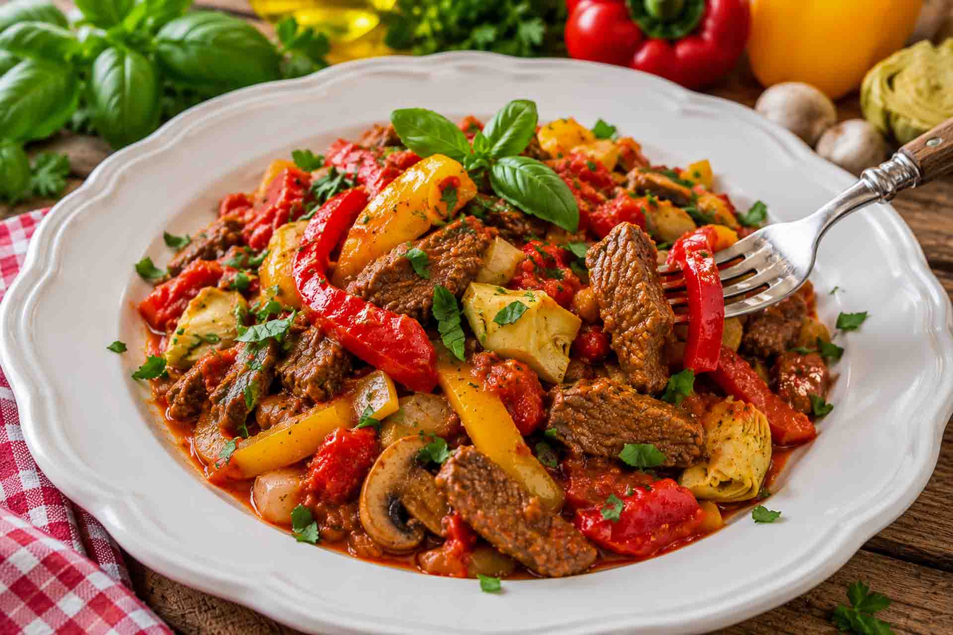 Zartes saftiges Rindergeschnetzeltes mit Paprika, Champignons in Tomatensauce 