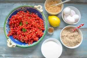 Zutaten rote Johannisbeeren, Haselnüsse, Zucker, Zwieback, Zitrone und Eier