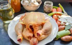 Zutaten, Huhn, Riesling, Möhre, Lauch, Sahne, Hühnerbrühe und Speck