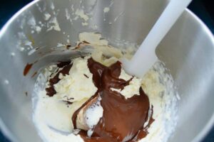 die geschmolzene Schokolade vorsichtig unter die geschlagene Sahne heben