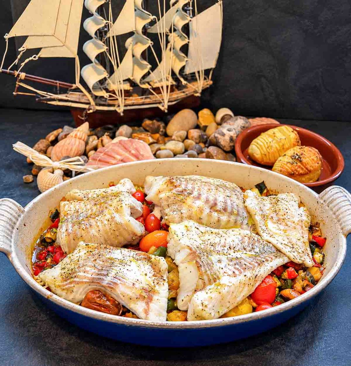 Dorsch mit mediterranem Gemüse aus dem Ofen