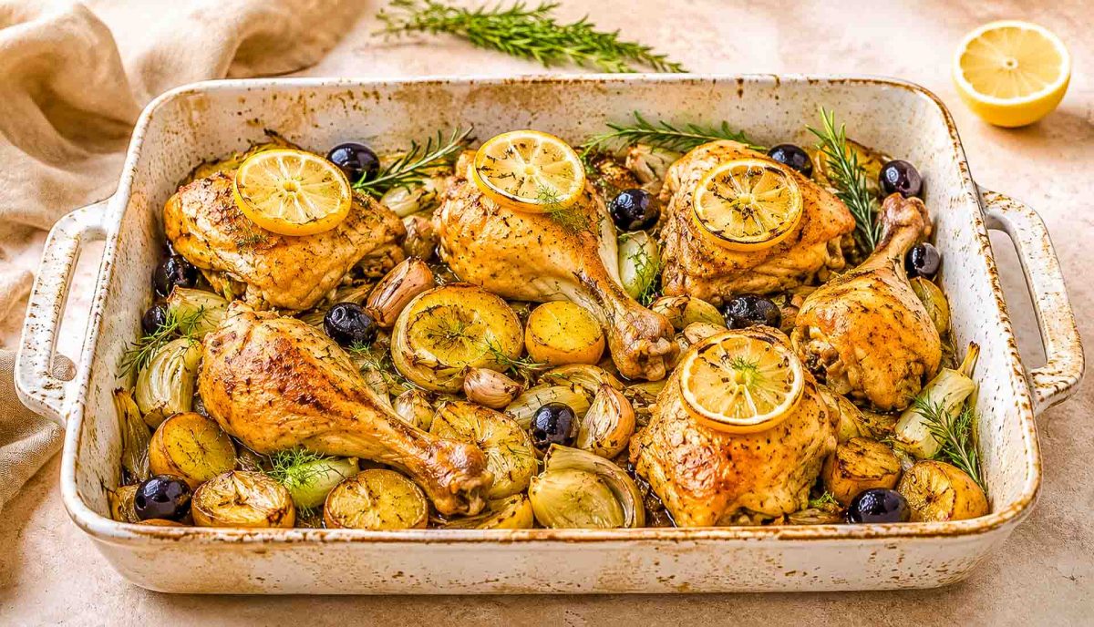 Zitronenhähnchen mit Kartoffeln im Backofen garen