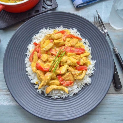 Putengeschnetzeltes Rezept mit Reis, Curry und Paprika