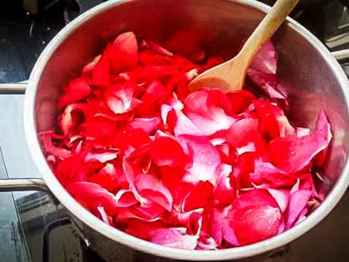 Rosenblätter im Topf mit Wsser erhitzen