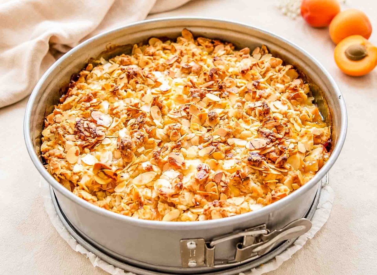 Aprikosen Quarkkuchen mit Mandelstreuseln 