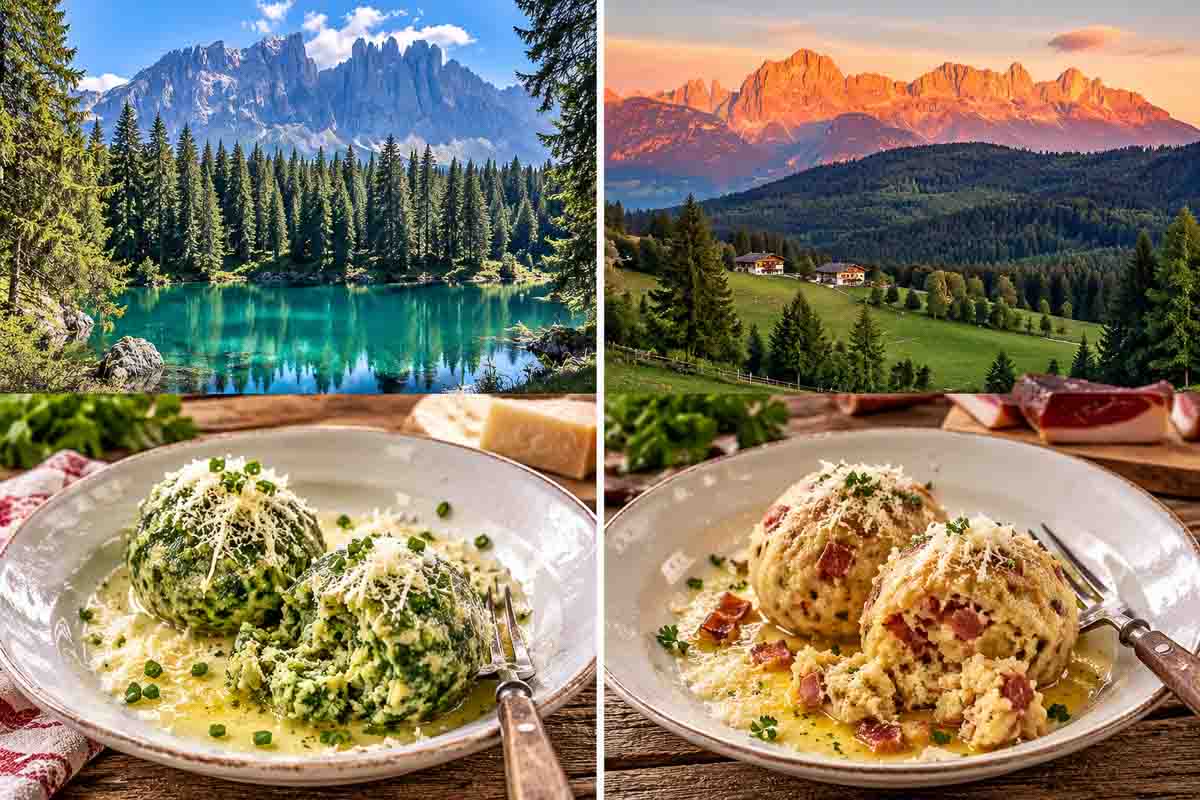 Südtirol Collage, Blick aufs Ritterhorn und auf den Karersee, untere Reihe, Spinatknödel und Specknödel