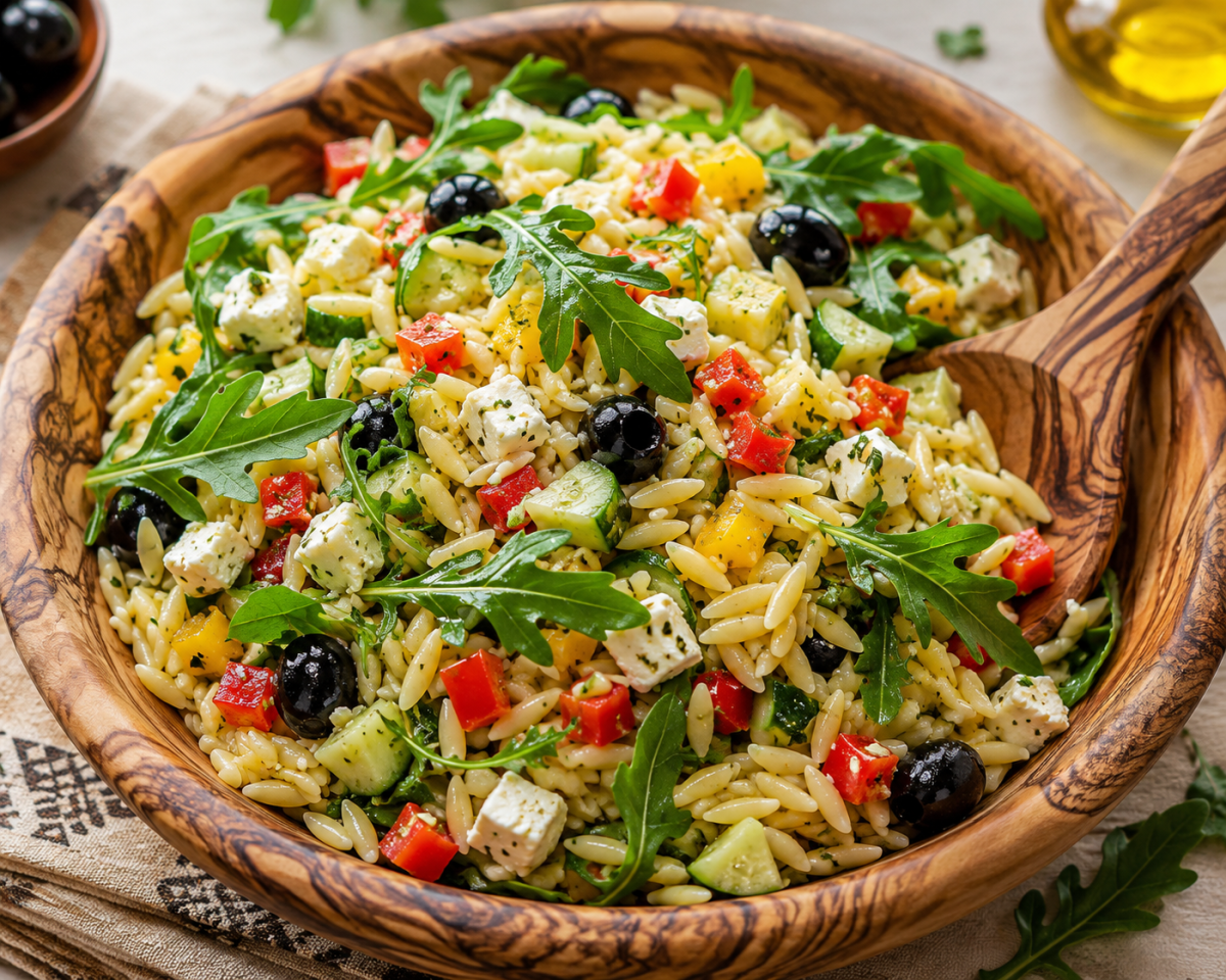 Griechischer Nudelsalat mit Feta, Gurke, Paprika und Rucola