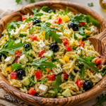 Griechischer Nudelsalat mit Feta, Gurke, Paprika und Rucola