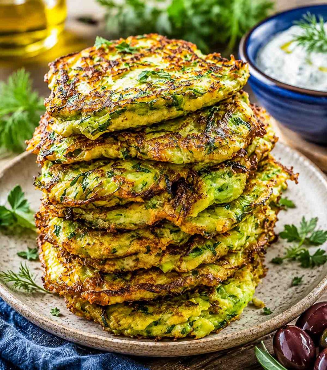 Zucchinipuffer griechisch mit Feta, Minze und frischem Dill