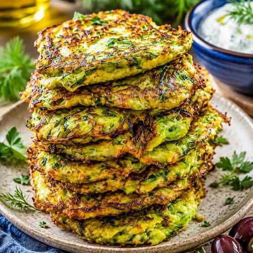 Zucchinipuffer griechisch mit Feta, Minze und frischem Dill