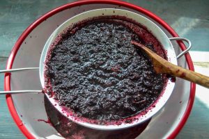 Aronias und Brombeeren durch ein Sieb streichen und den Saft auffangen