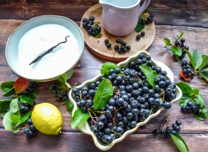 Aronia Beeren in einer rechteckigen Schale, Zucker, eine Zitrone und Vanilleschote