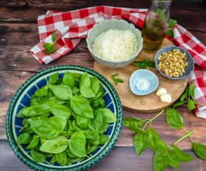 Basilikumblätter, geriebener Parmesan, Pinienkerne und Knoblauch