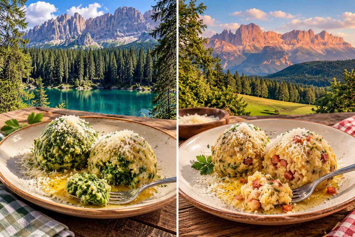 Collage Südtirol: Blick aufs Ritterhorn und den Karersee, untere Reihe, Spinatknödel und Specknödel