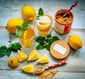 Zutaten Heiße Zitrone Rezept, Bio Zitronen, Wasser und Rohrzucker