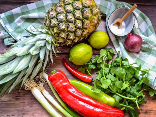 Zutaten für Ananas Salsa Dip mit frischer Ananas, rote und grüne Paprika, Limette, Jalapeños und roter Zwiebel