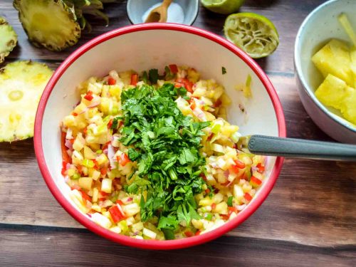 Fruchtige Ananas Salsa aus Südamerika mit Ananaswürfeln, Chili und Koriander