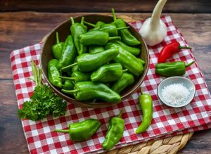 Zutaten spanische Bratpaprika, Knoblauch, Olivenöl, grobes Meersalz und Chili