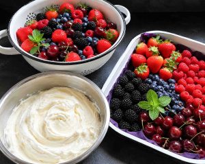 Frische Beerenfrüchte, Erdbeeren, Himbeeren, Blaubeeren, Kirschen, Brombeeren und Sahne-Mascarpone Creme für Pavlova Dessert