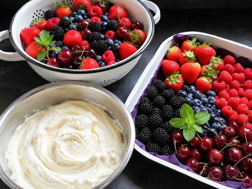 Frische Beerenfrüchte, Erdbeeren, Himbeeren, Blaubeeren, Kirschen, Brombeeren und Sahne-Mascarpone Creme für Pavlova Dessert