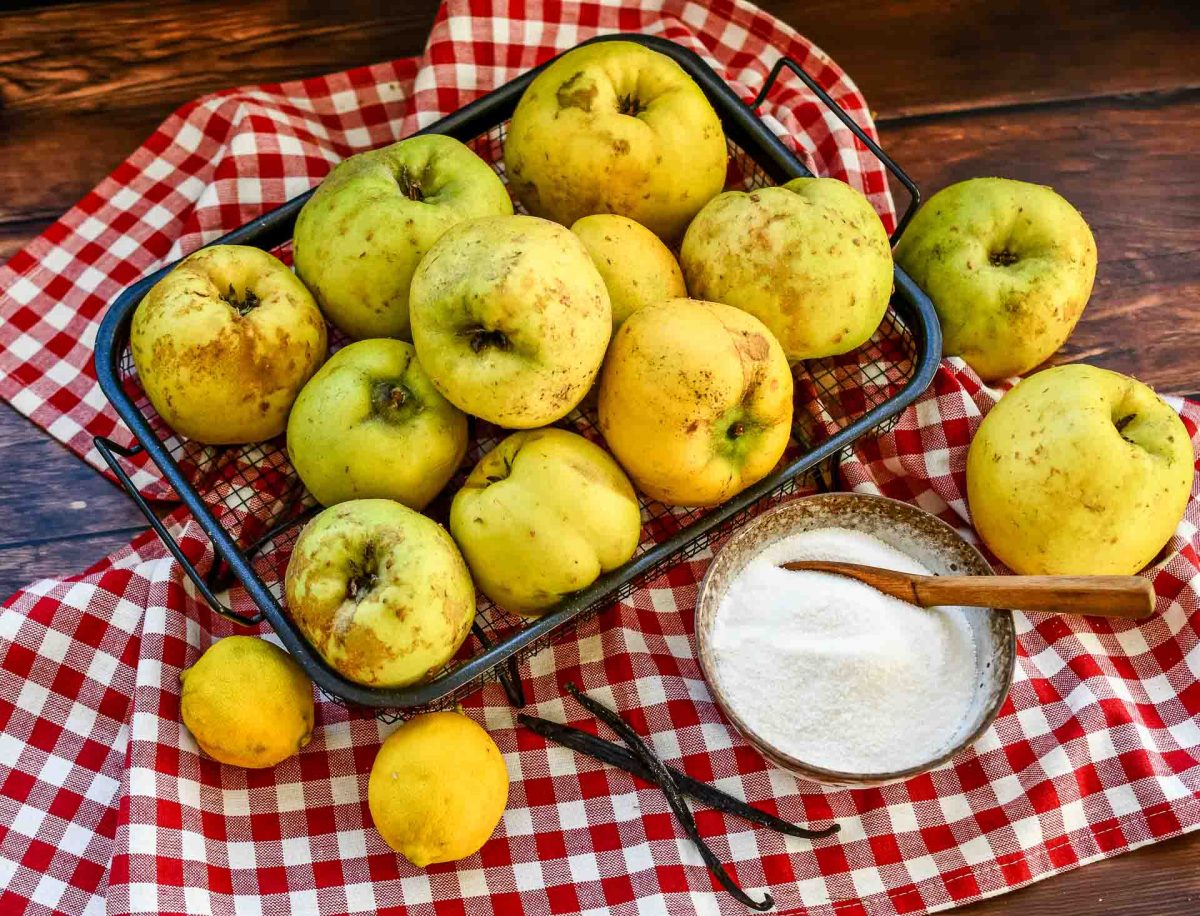 Zutaten Quitten, Gelierzucker, Vanilleschote und Zitrone für Quittenmarmelade